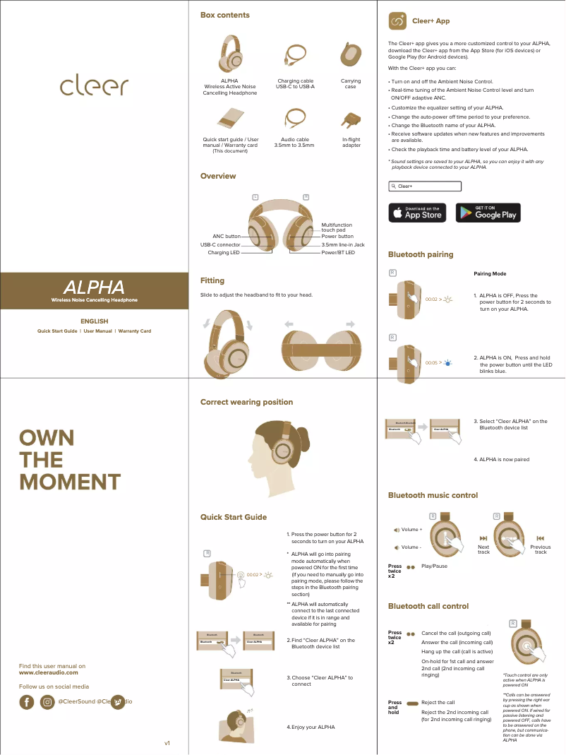 Page 1 de la notice Manuel utilisateur Cleer Alpha