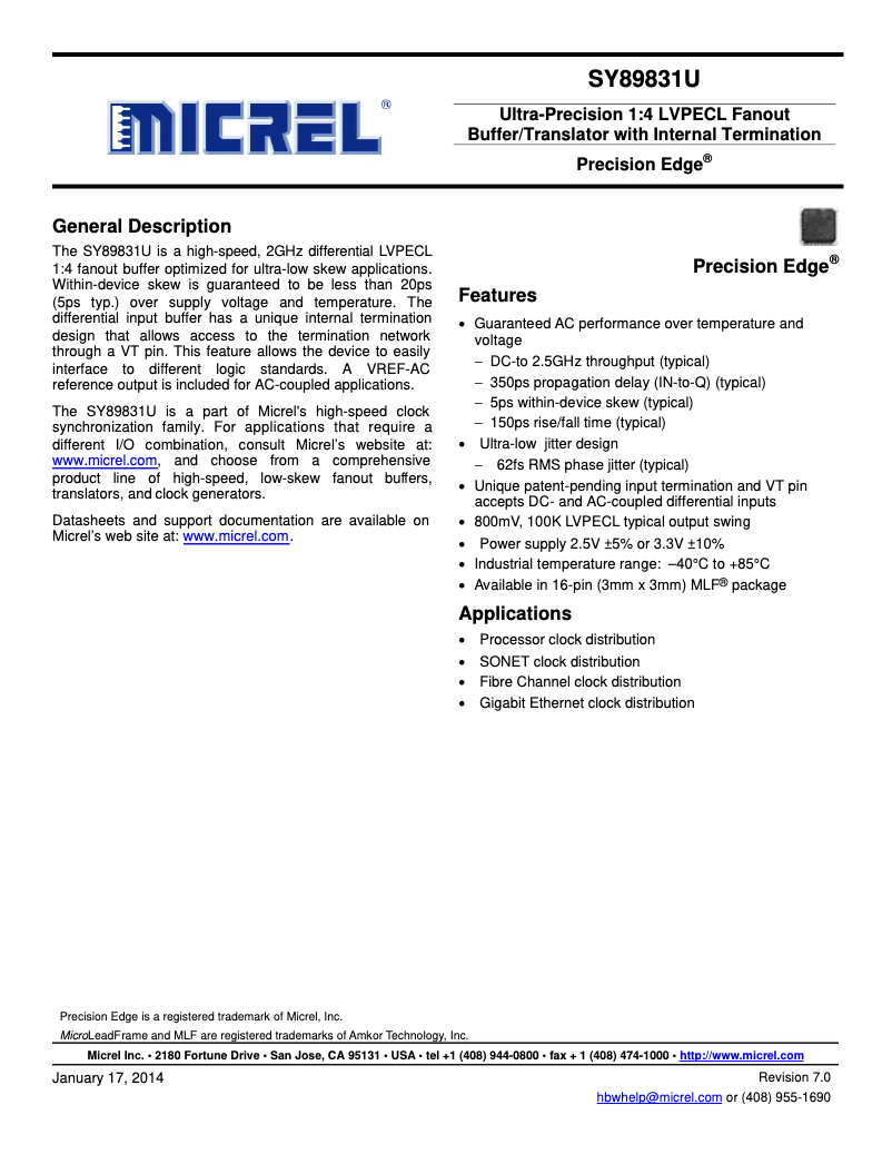 Page 1 de la notice Manuel utilisateur Microchip SY89831U