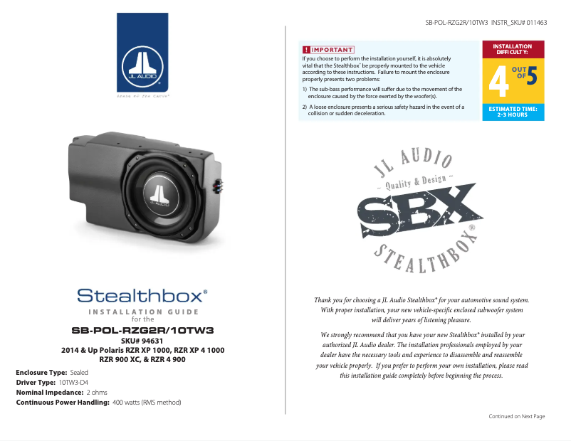 Page n°1 - Manuel utilisateur JL Audio SB-POL-RZG2R/10TW3