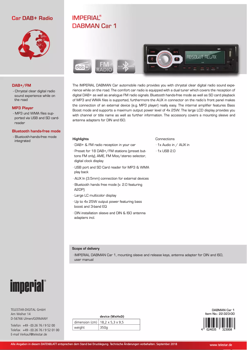 Page 1 de la notice Fiche technique Imperial Dabman Car 1
