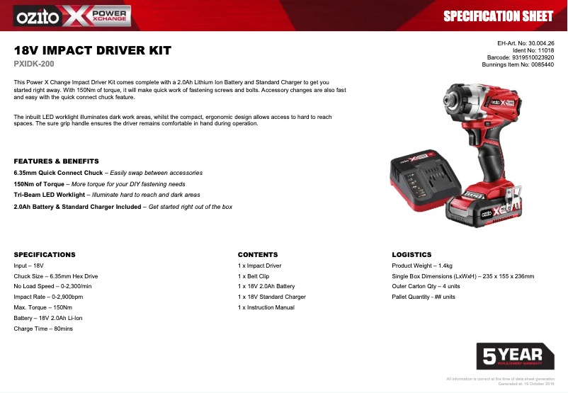 Página 1 del manual Ficha técnica Ozito PXIDK-200