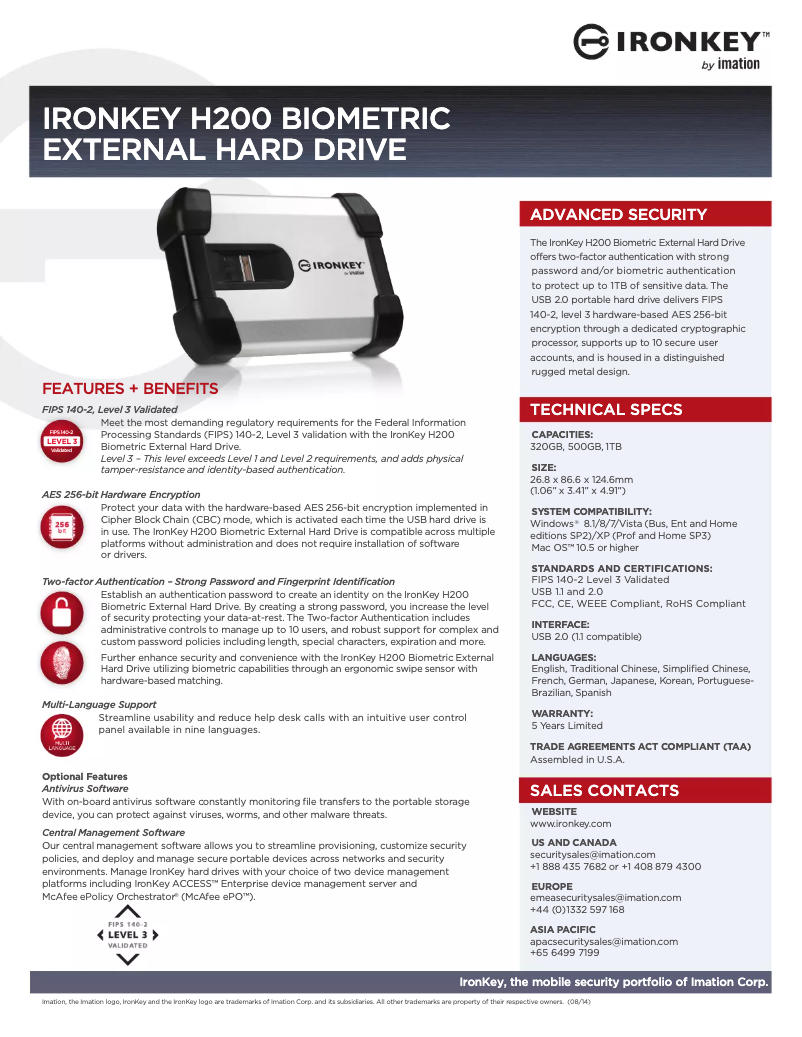 Page 1 de la notice Manuel utilisateur Ironkey H200