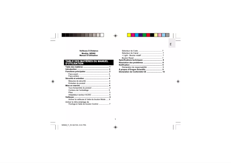 Page 1 de la notice Manuel utilisateur Oregon Scientific NR868