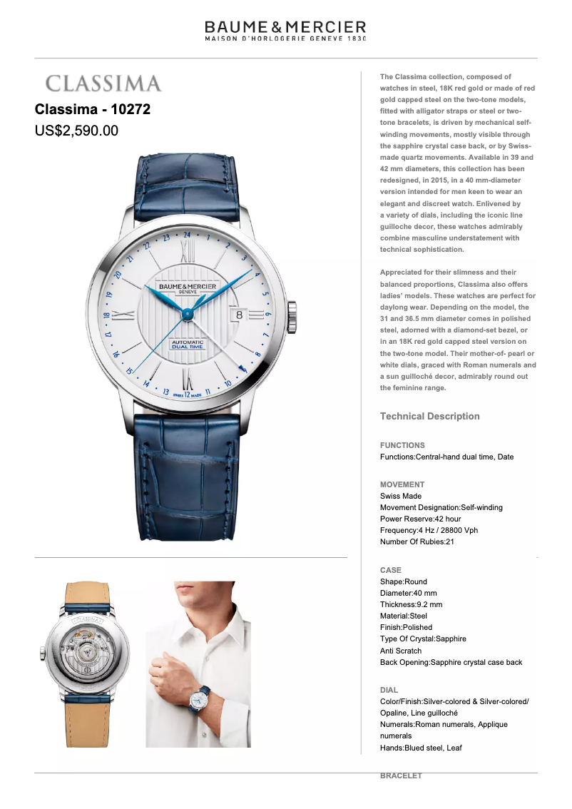 Page n°1 - Manuel utilisateur Baume & Mercier Classima 10272