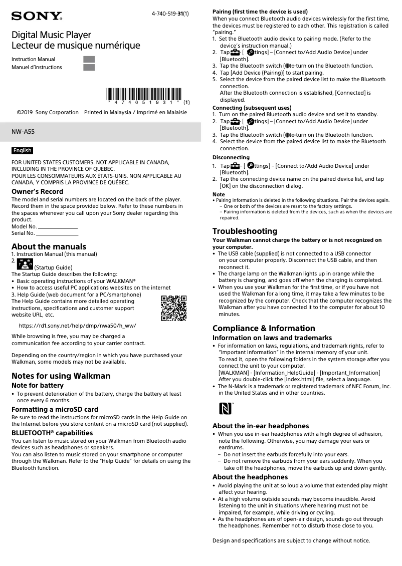 Page n°1 - Manuel utilisateur Sony Walkman NW-A55