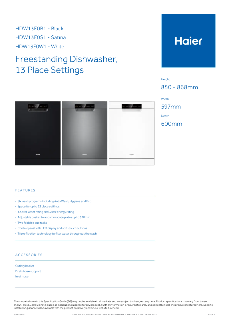 Page 1 de la notice Fiche technique Haier HDW13F0W1