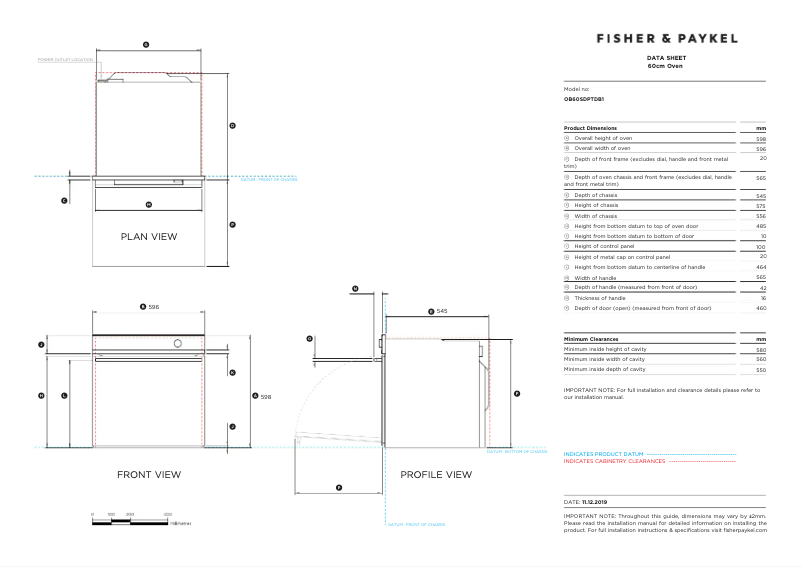 Page 1 de la notice Fiche technique Fisher & Paykel OB60SDPTB1