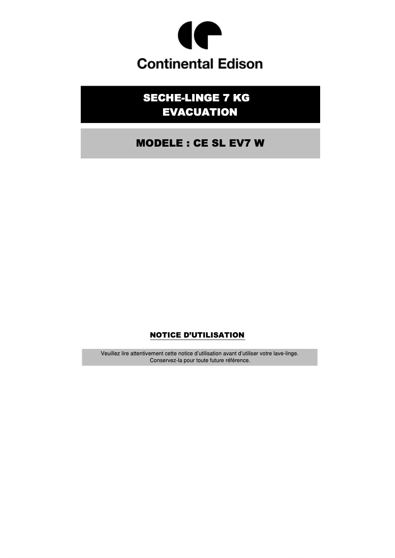 Page n°1 - Manuel utilisateur Continental Edison CESLEV7W