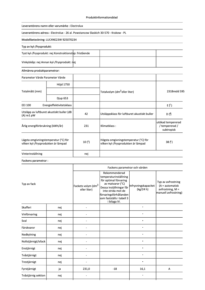 Page 1 de la notice Fiche technique Electrolux LUC4NE23W