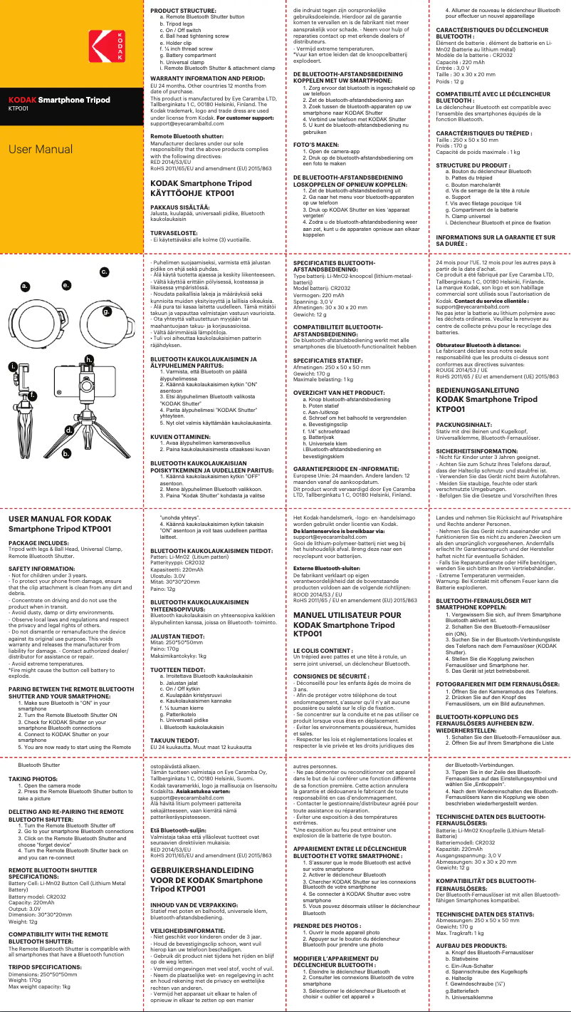 Page 1 de la notice Manuel utilisateur Kodak Smartphone Tripod KTP001