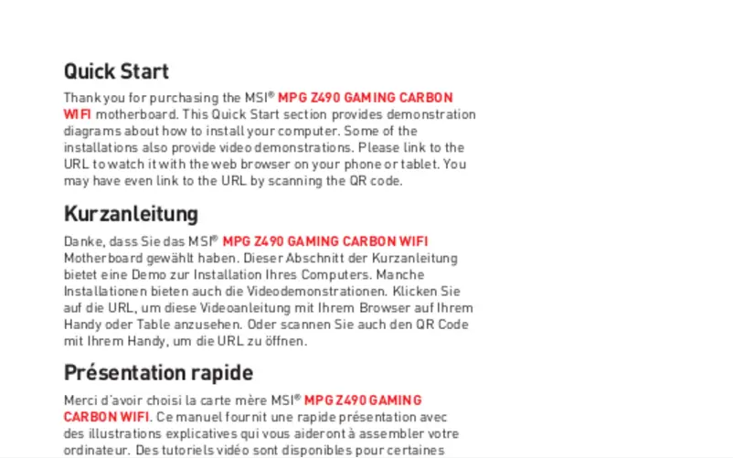 Image de la première page du manuel de l'appareil MPG Z490 GAMING CARBON WIFI