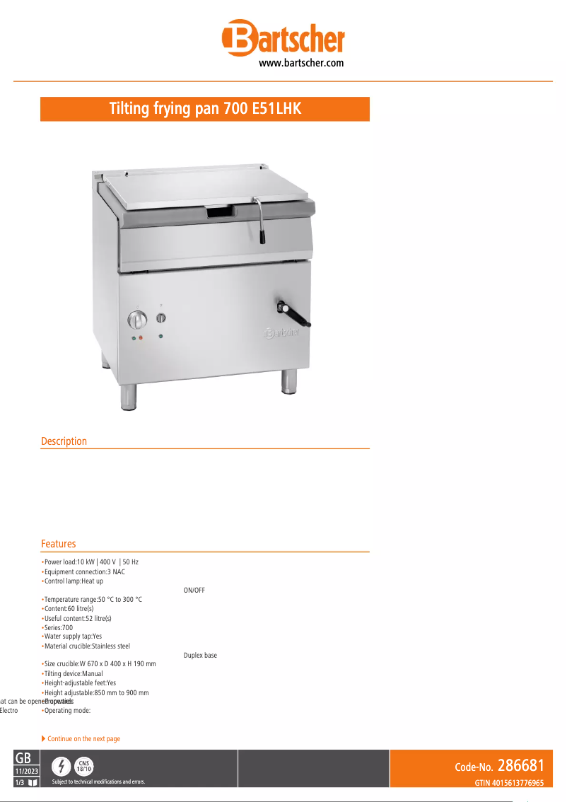 Página 1 del manual Ficha técnica Bartscher 700 E51LHK