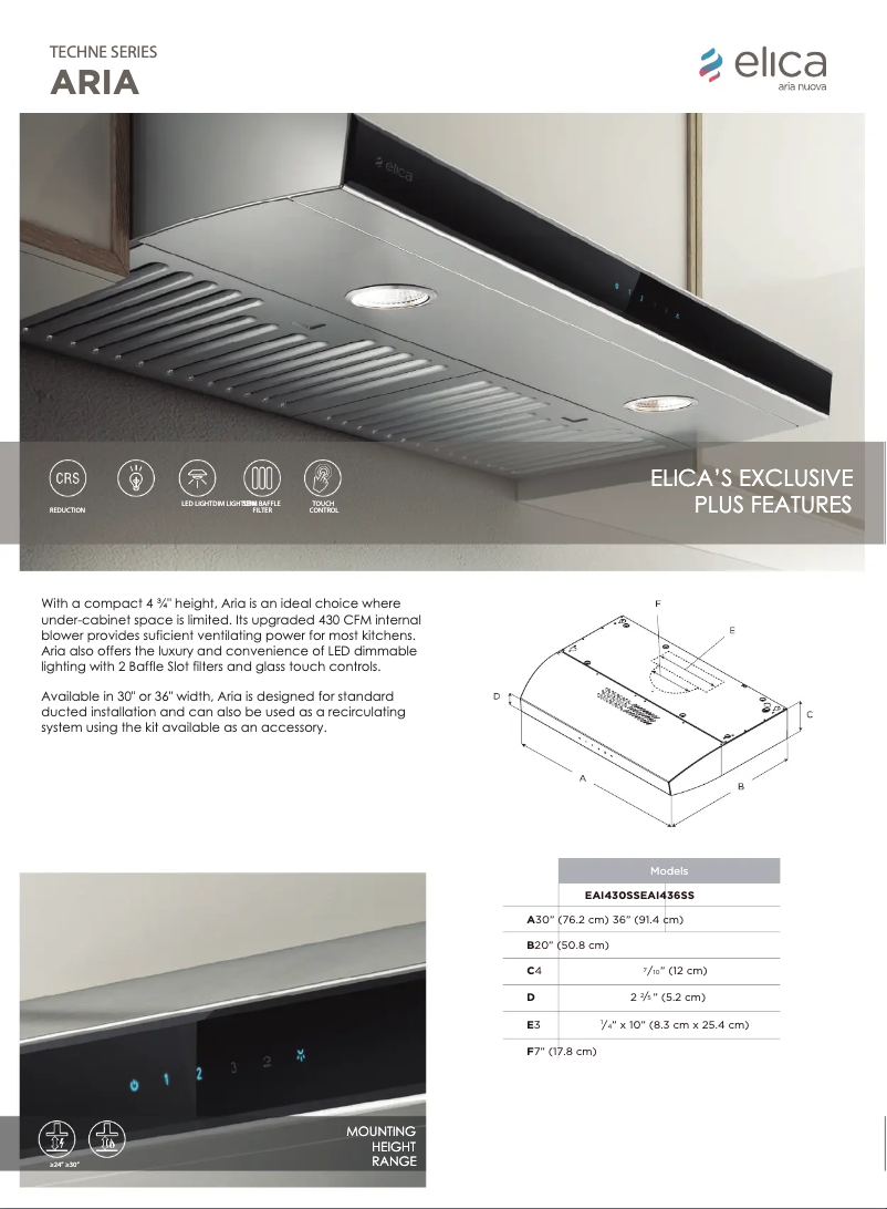 Page 1 de la notice Fiche technique Elica Aria EAI436SS