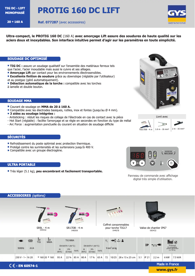Page 1 de la notice Fiche technique GYS Protig 160 DC Lift