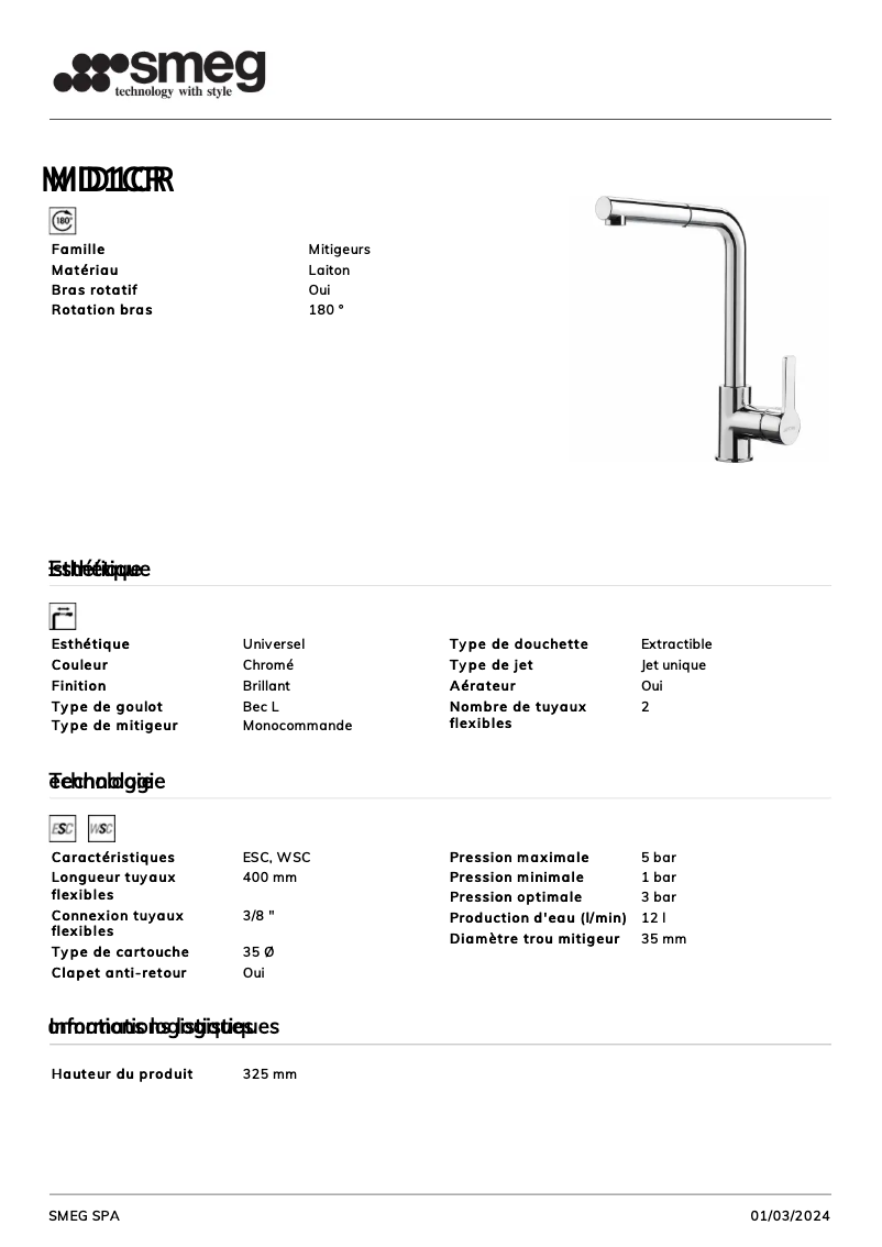 Page 1 de la notice Fiche technique Smeg MID1CR