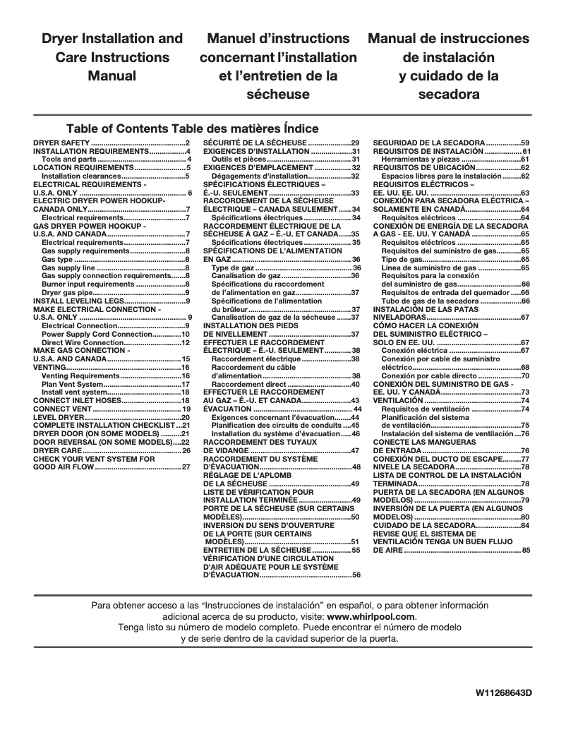 Page 1 de la notice Guide d'installation Whirlpool WGD7120HC