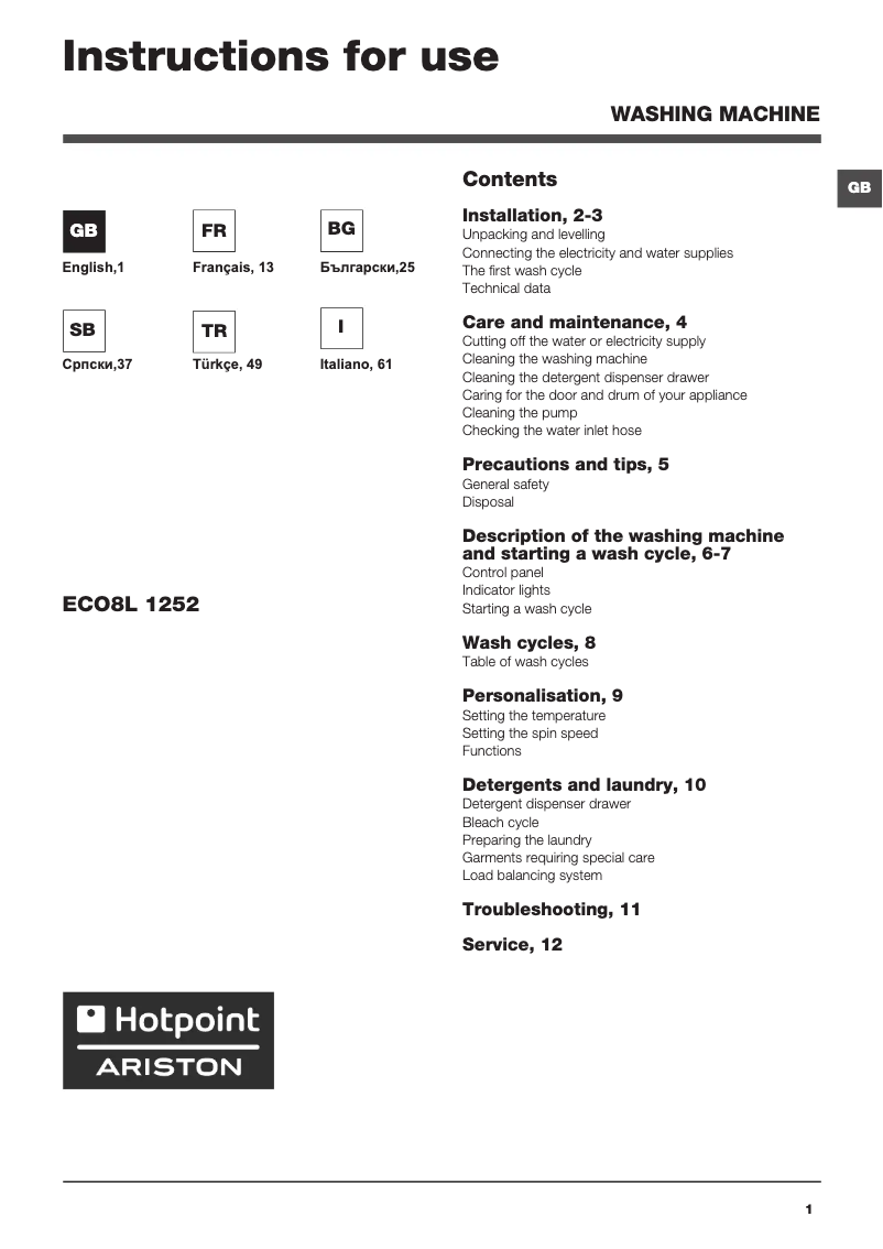 Page 1 de la notice Manuel utilisateur Hotpoint Ariston ECO8L 1252 EU.M