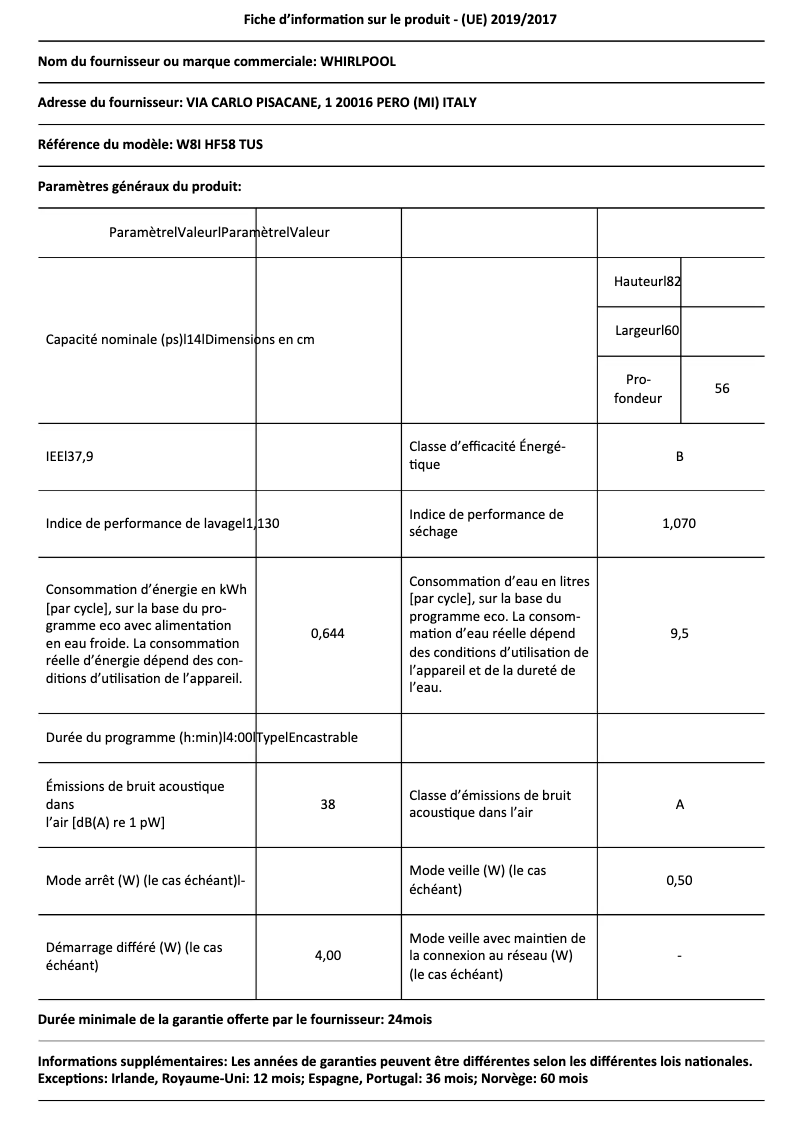 Page 1 de la notice Fiche technique Whirlpool W8I HF58 TUS