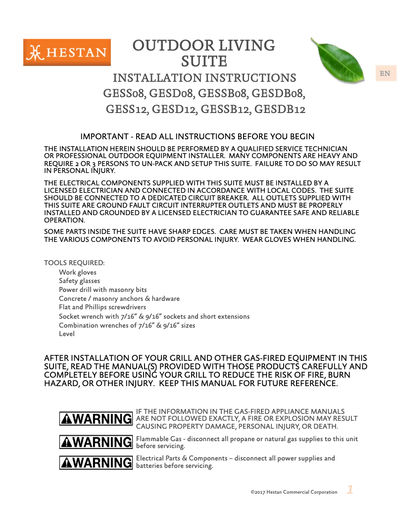 Page 1 de la notice Manuel utilisateur Hestan GESS08