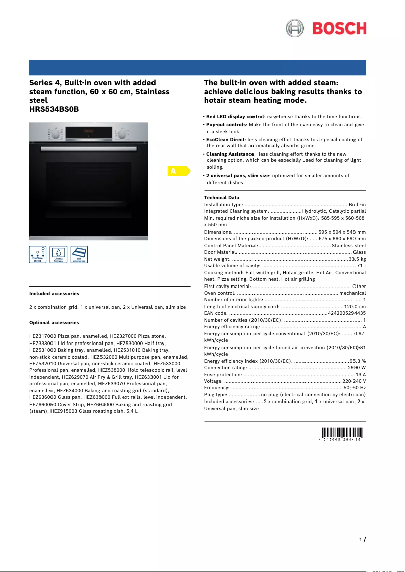 Page 1 de la notice Fiche technique Bosch HRS534BS0B