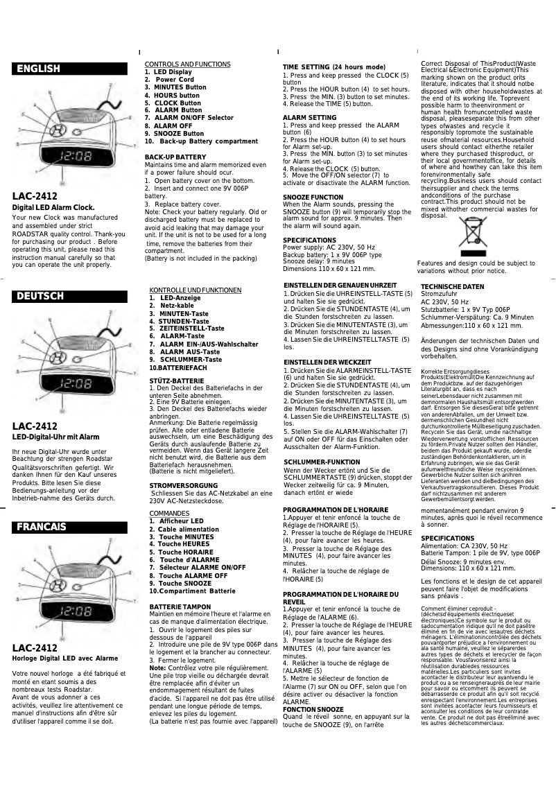 Page 1 de la notice Manuel utilisateur Roadstar LAC-2412