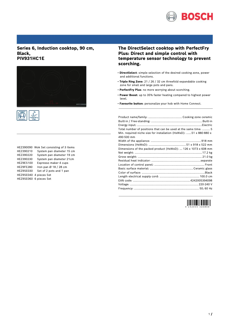 Page 1 de la notice Fiche technique Bosch PIV931HC1E