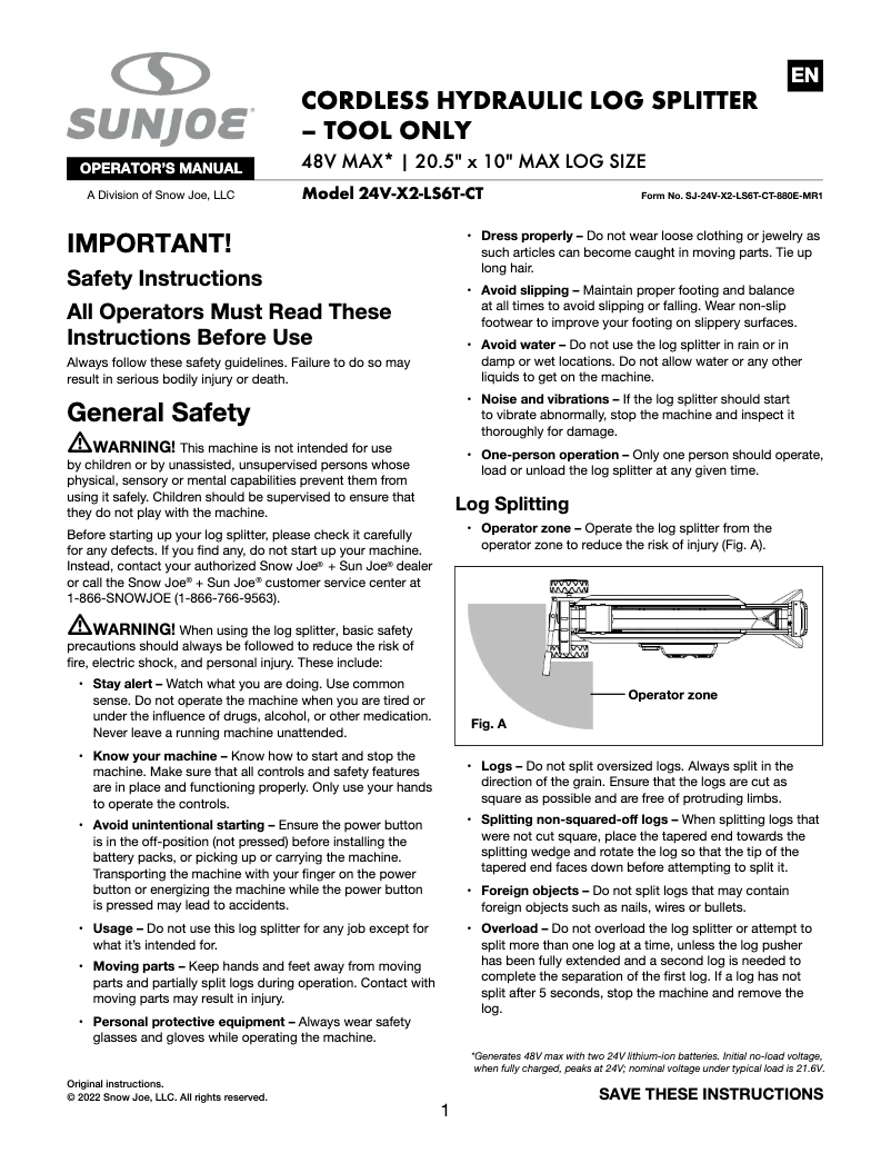 Page 1 de la notice Manuel utilisateur Sun Joe 24V-X2-LS6T-CT