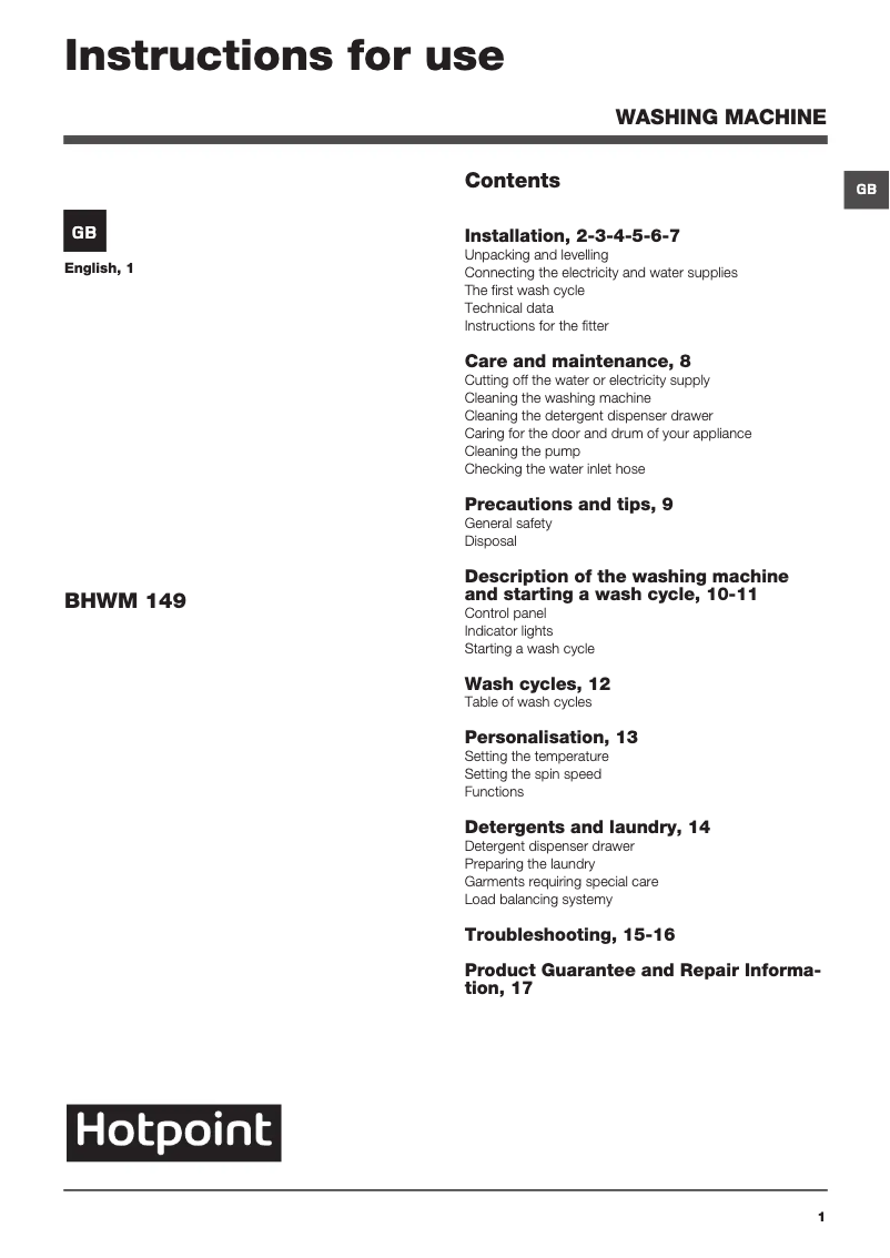 Page 1 de la notice Manuel utilisateur Hotpoint BHWM 149 (UK)/2