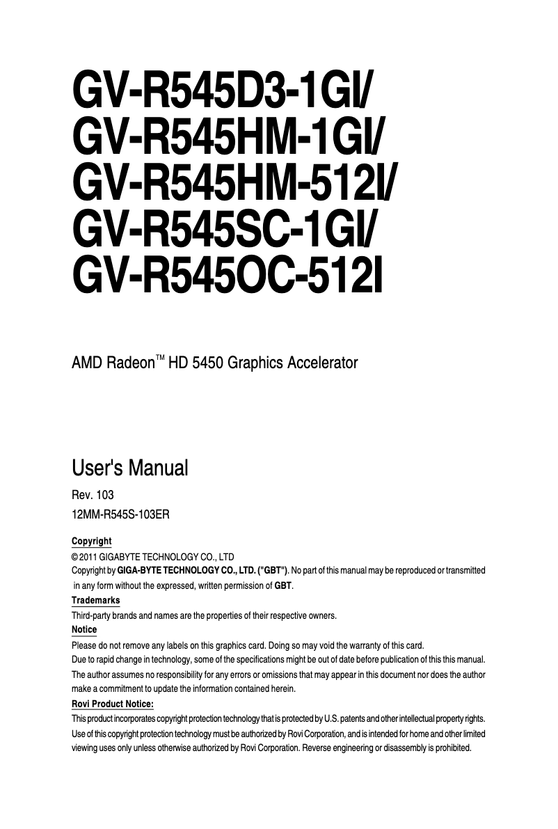 Page 1 de la notice Manuel utilisateur Gigabyte GV-R545D3-1GI