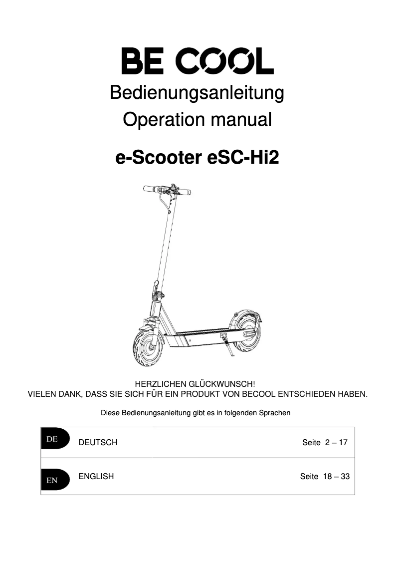 Page 1 de la notice Manuel utilisateur Be Cool ESCHI2BKYE