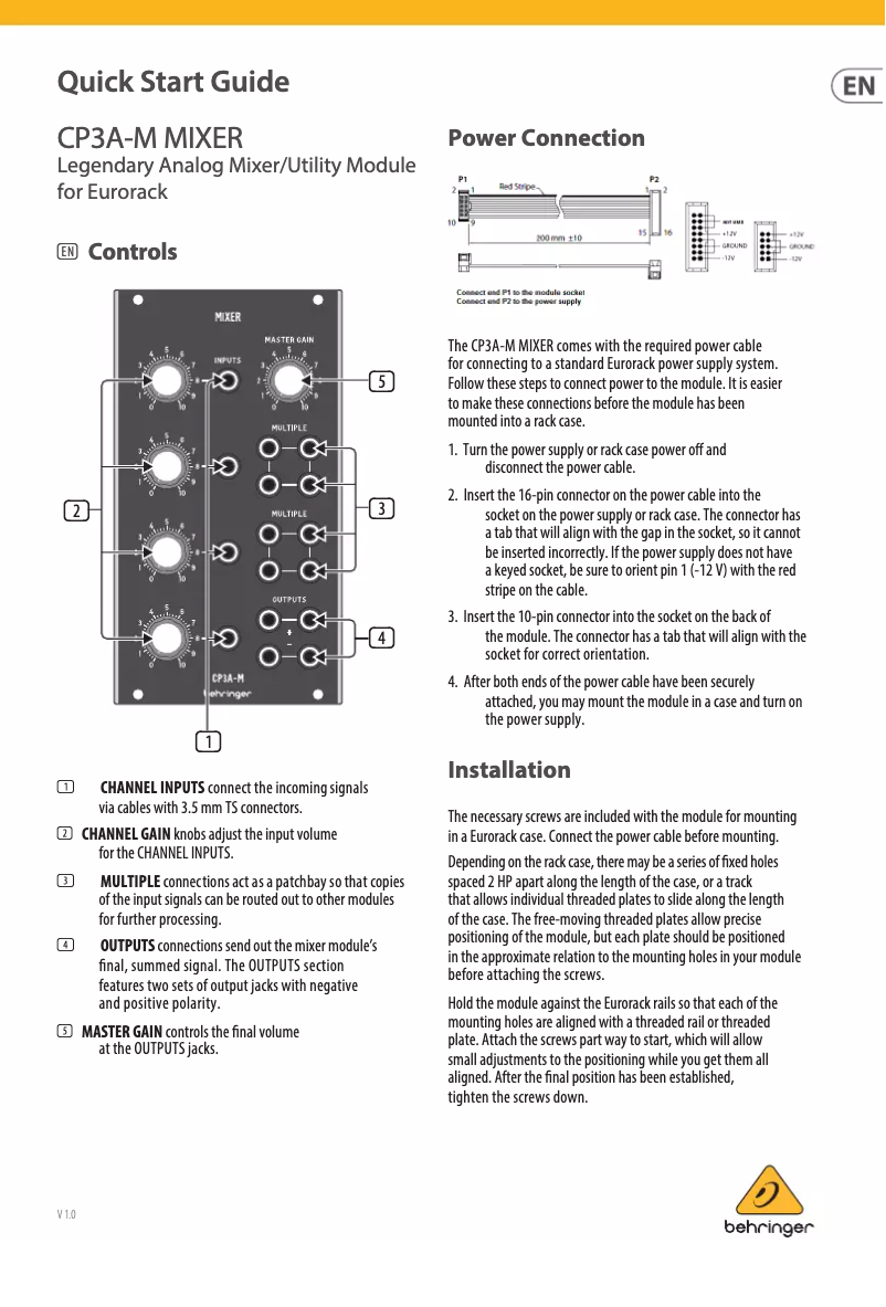 Page 1 de la notice Guide de démarrage rapide Behringer CP3A-M Mixer