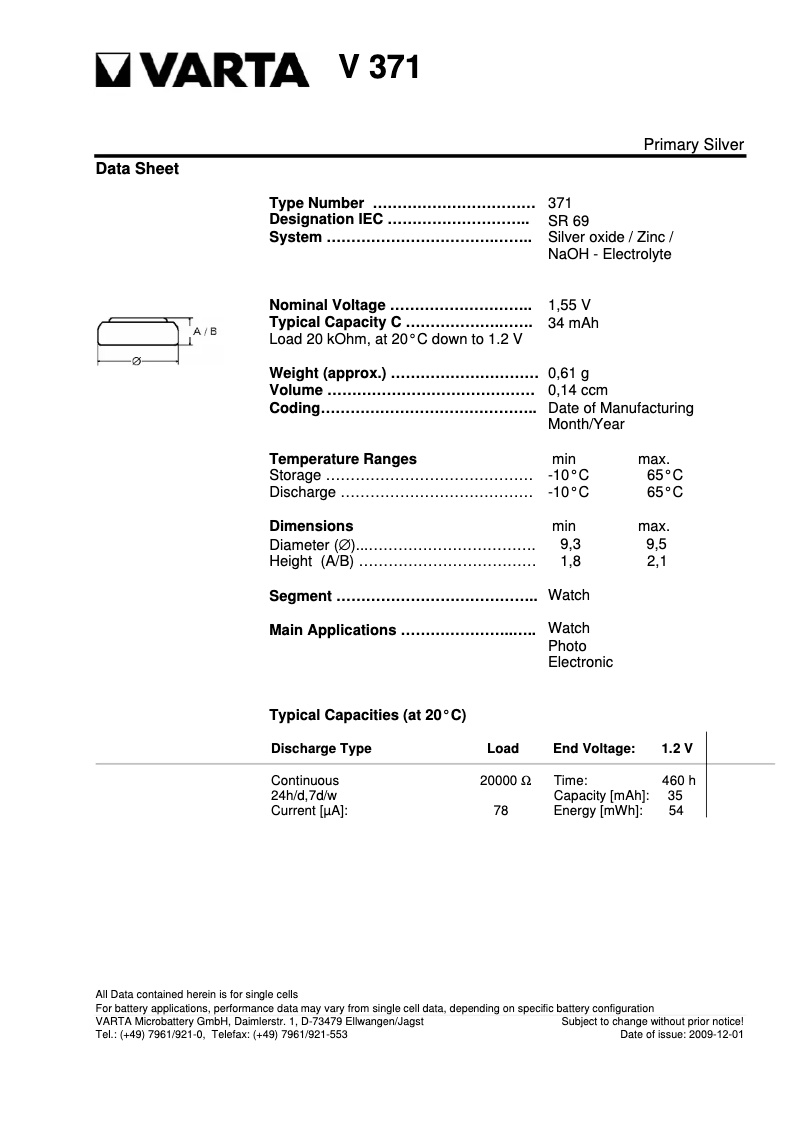 Page 1 de la notice Manuel utilisateur Varta Primary Silver Button V371 / SR 69