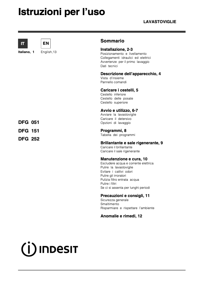 Page 1 de la notice Manuel utilisateur Indesit DFG 252
