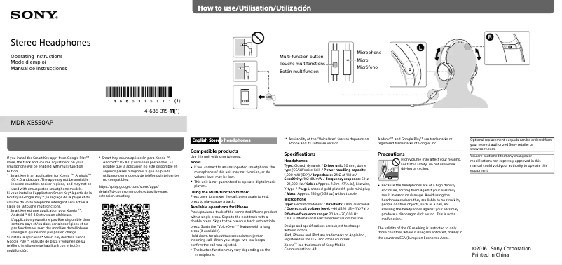 Page 1 de la notice Manuel utilisateur Sony MDR-XB550AP