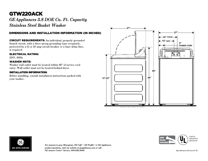 Page 1 de la notice Fiche technique GE GTW220ACKWW