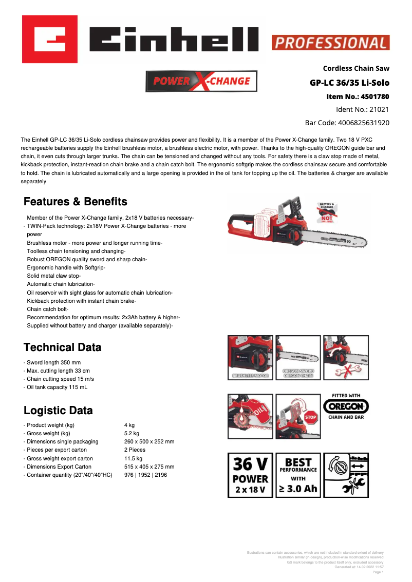 Page 1 de la notice Fiche technique Einhell GP-LC 36/35 Li