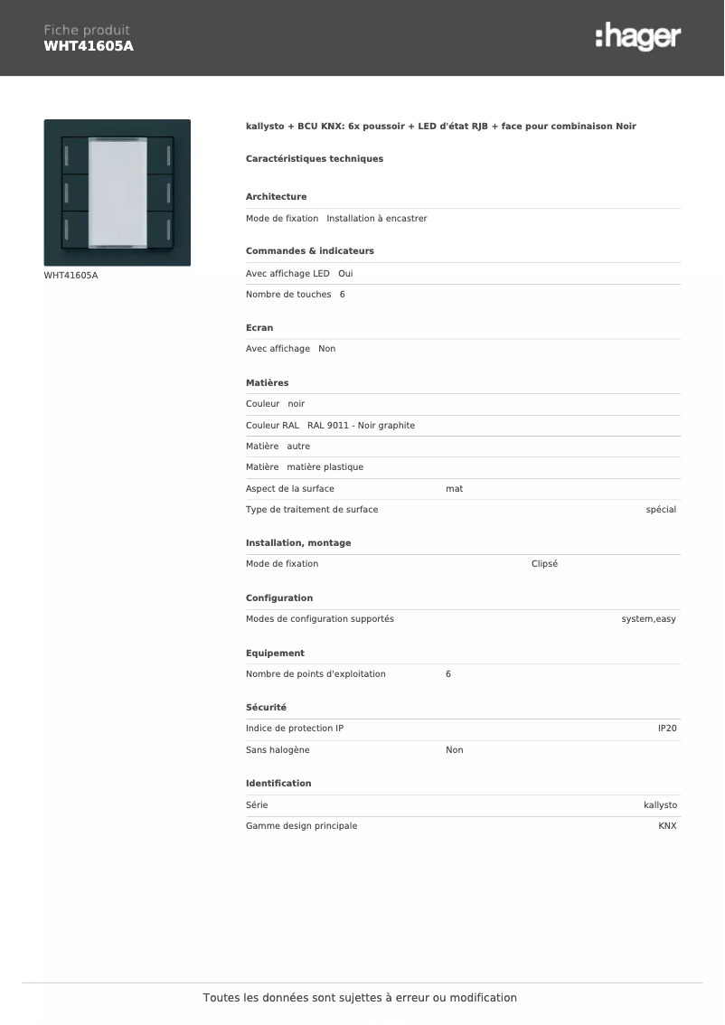 Page 1 de la notice Fiche technique Hager WHT41605A