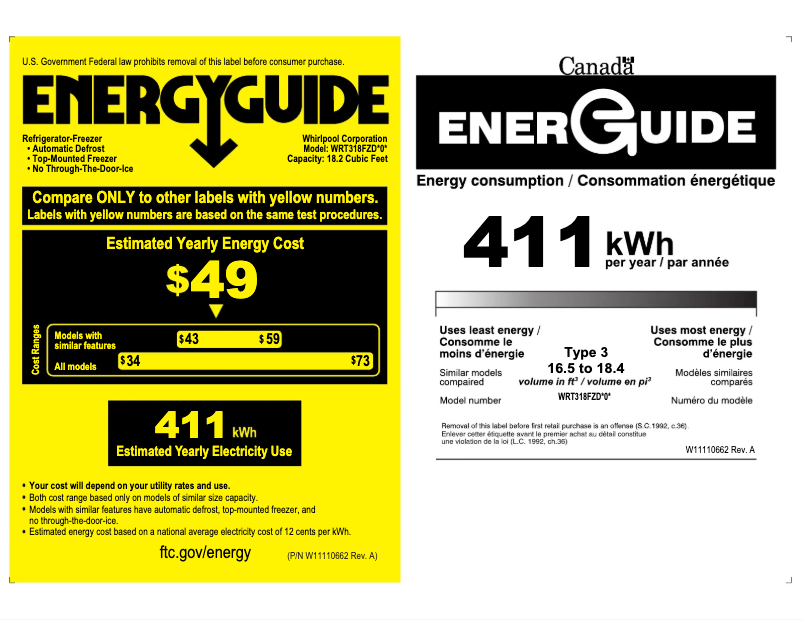 Page 1 de la notice Label énergétique Whirlpool WRT318FZDB
