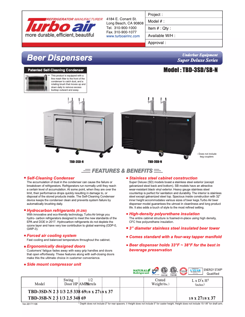 Page 1 de la notice Fiche technique Turbo air TBD-3SB