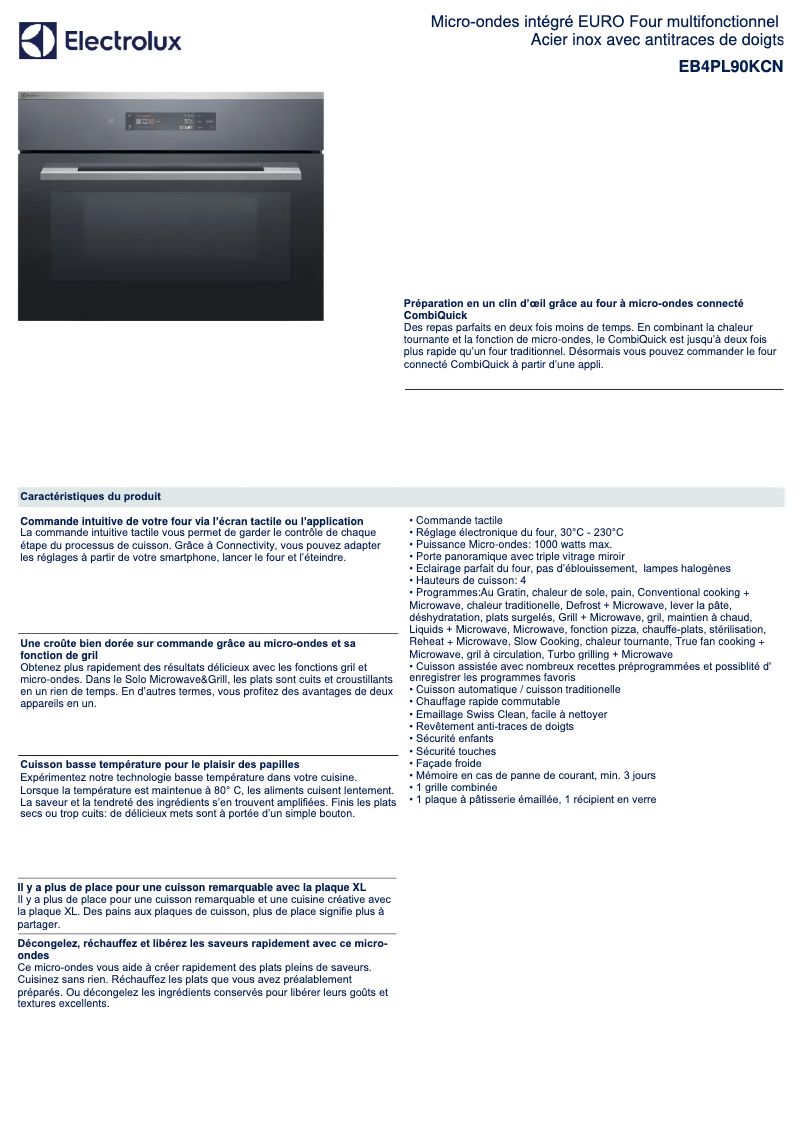 Page 1 de la notice Fiche technique Electrolux EB4PL90KCN