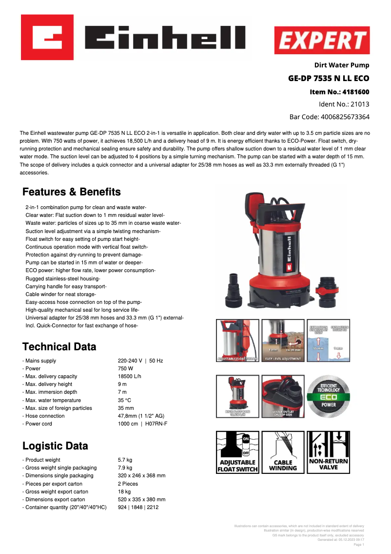 Page 1 de la notice Fiche technique Einhell GE-DP 7535 N LL ECO