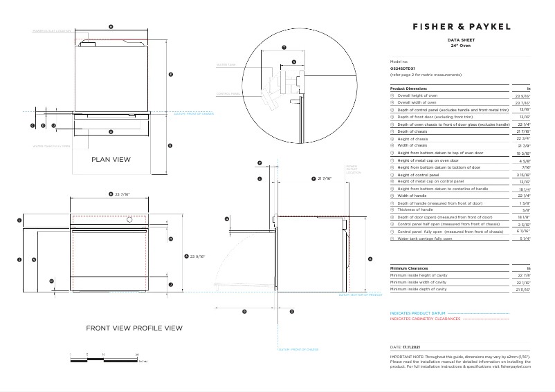 Page 1 de la notice Fiche technique Fisher & Paykel OS24SDTDX1
