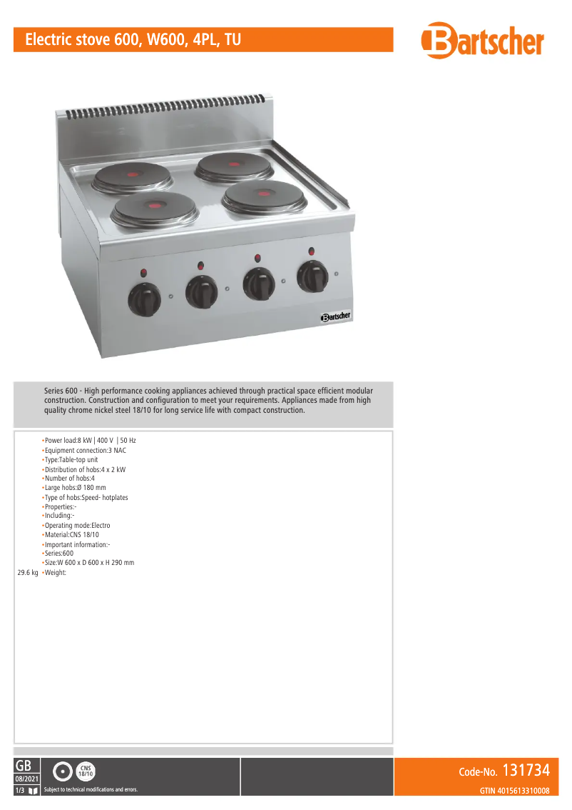 Page n°1 - Fiche technique Bartscher 131734