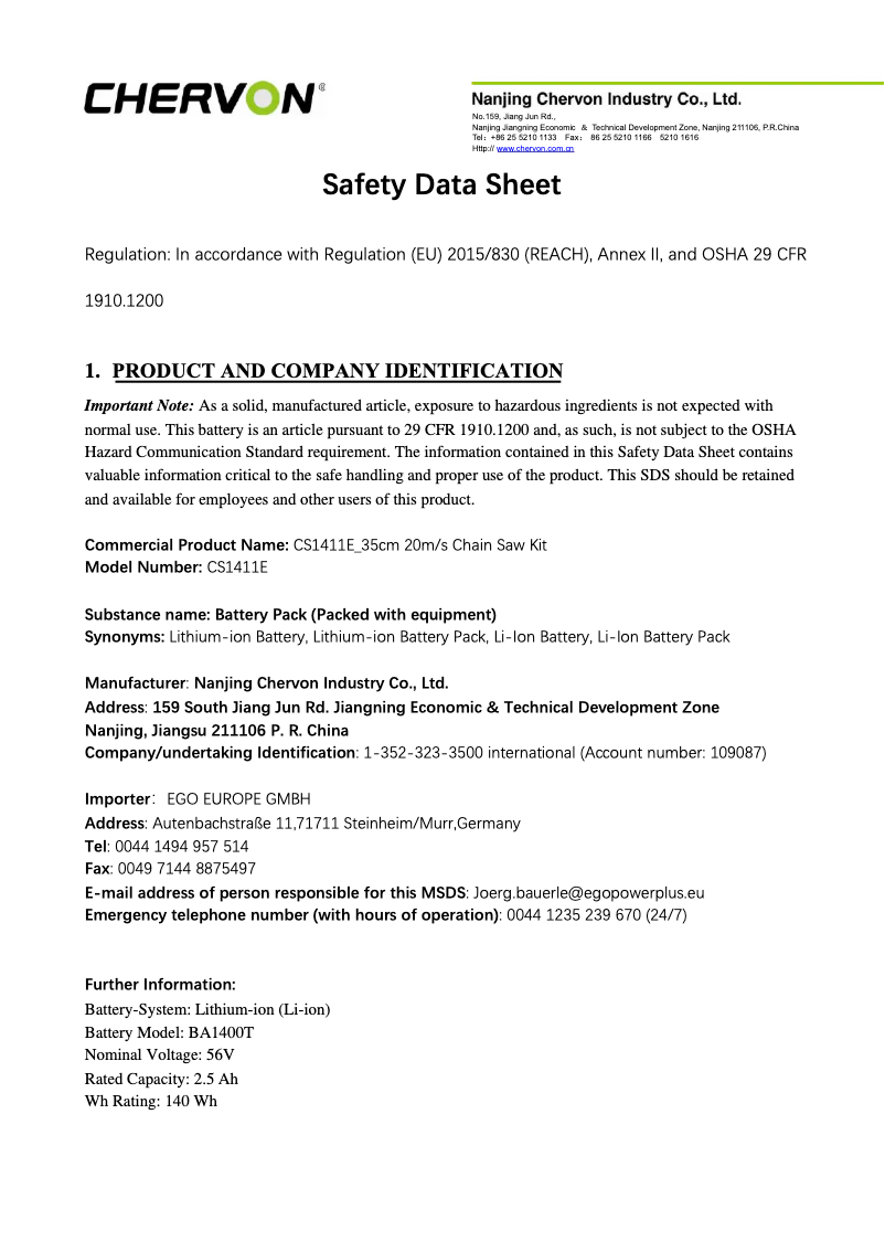 Page 1 de la notice Instructions de sécurité EGO CS1411E
