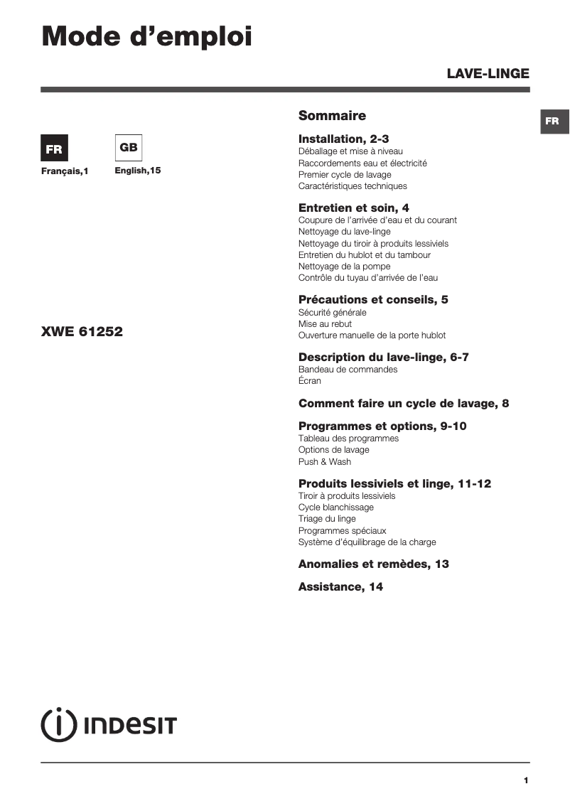 Page 1 de la notice Manuel utilisateur Indesit XWE 61252 W FR