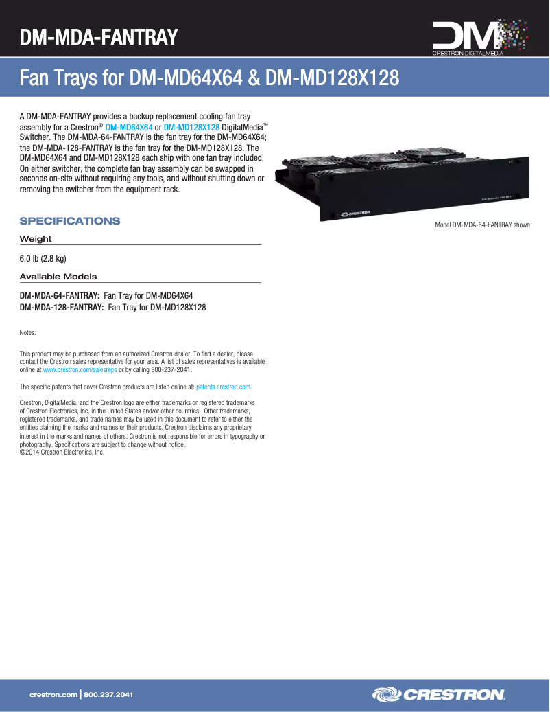 Page 1 de la notice Manuel utilisateur Crestron DM-MDA-64-FANTRAY