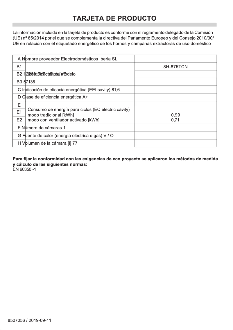 Página 1 del manual Ficha técnica Fagor 8H-875TCN
