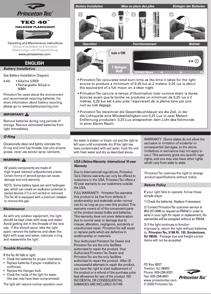 Page 1 de la notice Manuel utilisateur Princeton Tec TEC 40