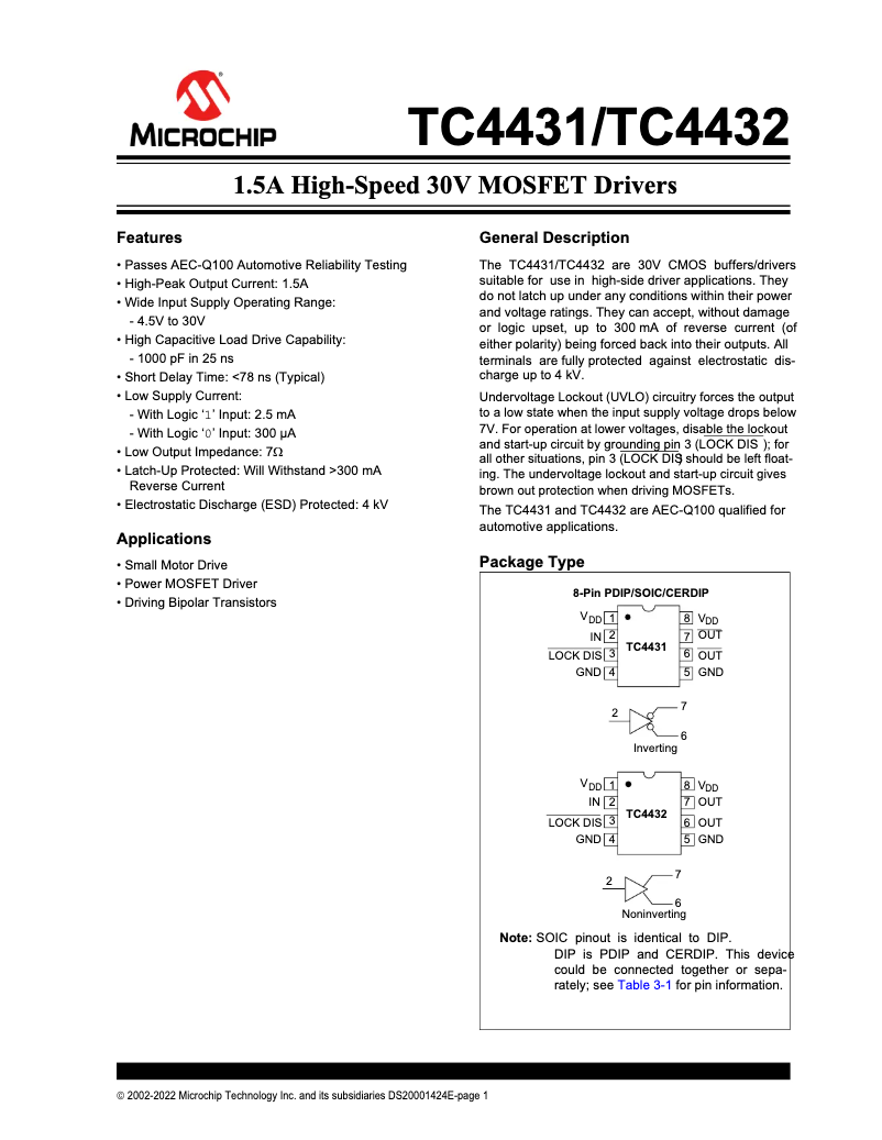 Página 1 del manual Ficha técnica Microchip TC4432