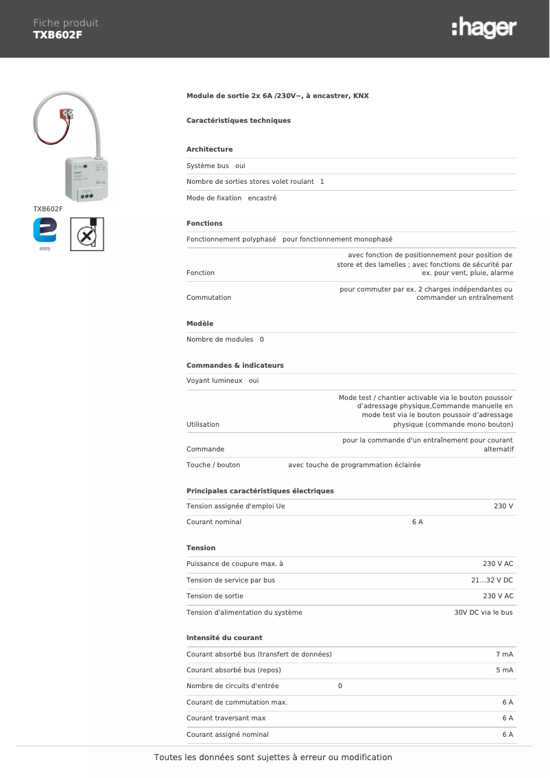 Page n°1 - Fiche technique Hager TXB602F